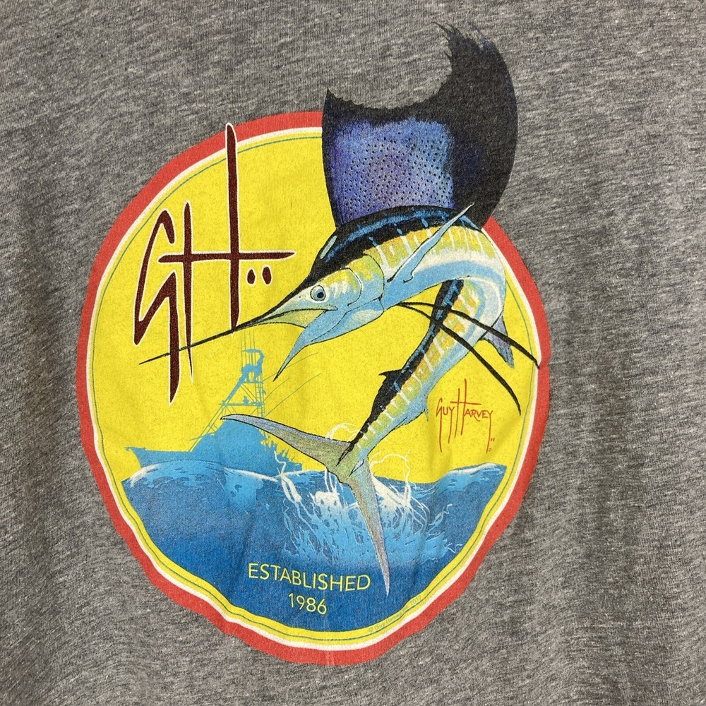 Guy Harvey Mens Medium Gray Fishing Graphic Crew Neck Long Sleeve Shirt EUC